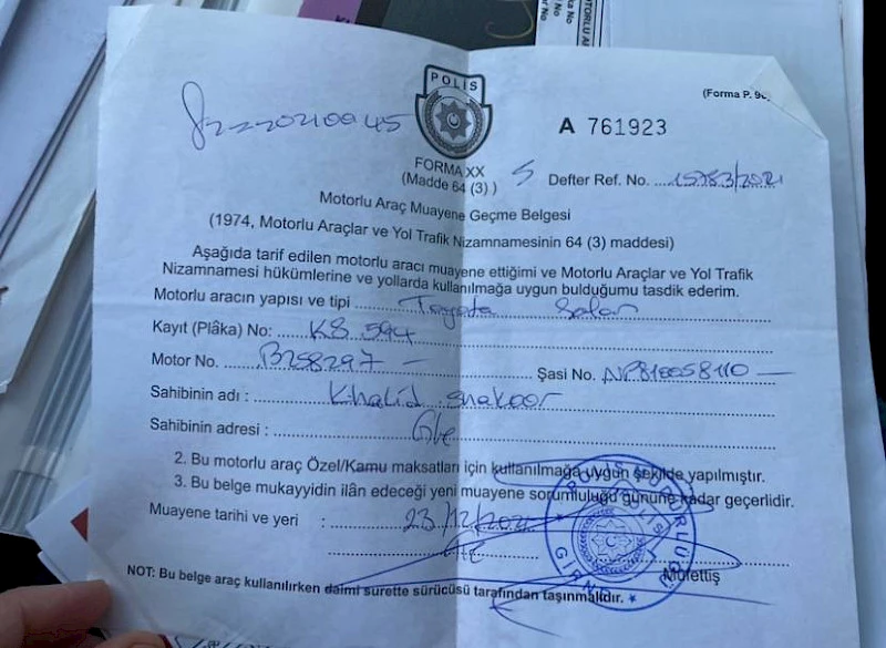 Motorlu Araç Muayene Geçme Belgesi — zaświadczenie o przeglądzie technicznym na Północnym Cyprze