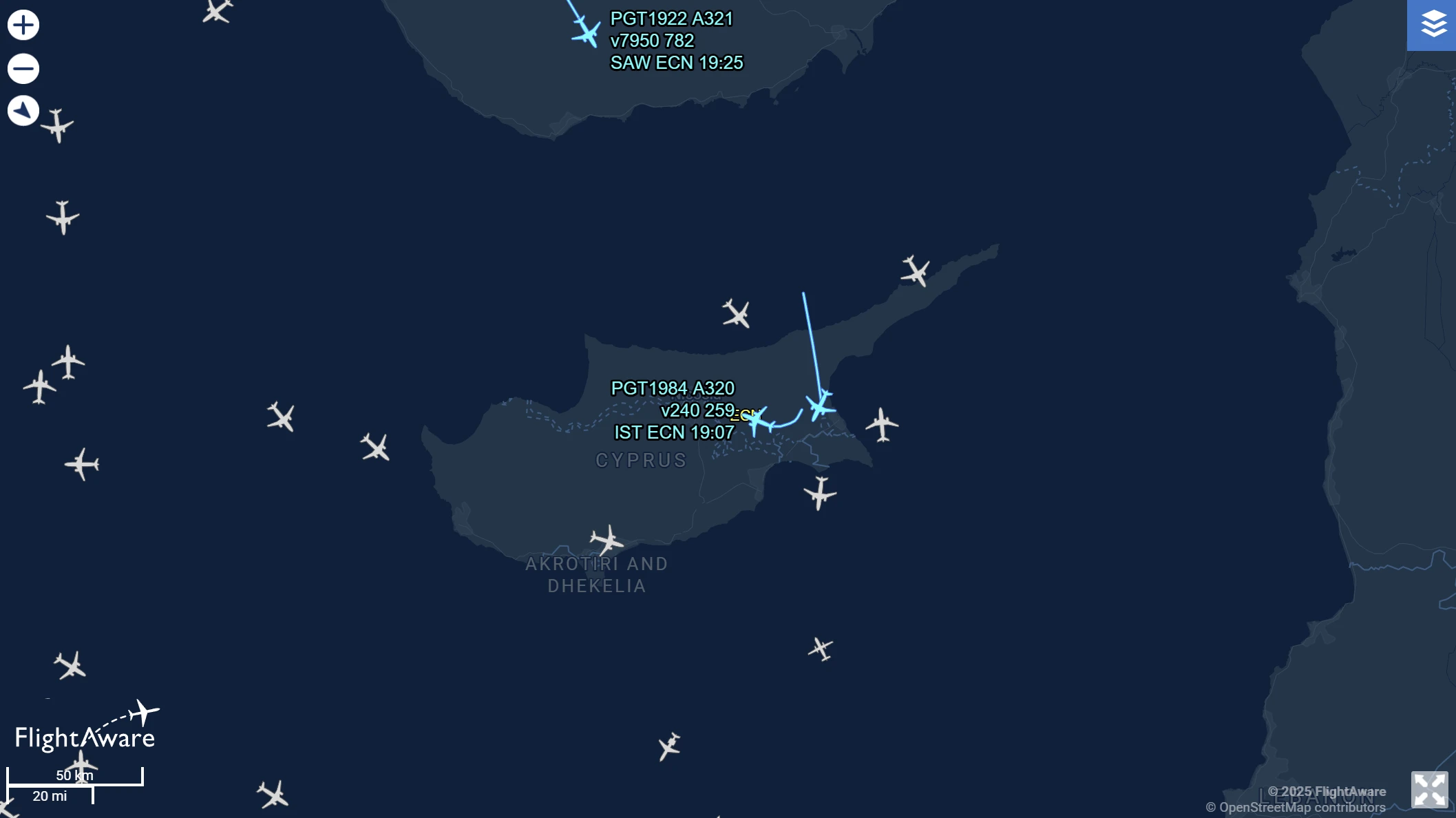 Онлайн-табло аэропорта Эрджан на FlightAware