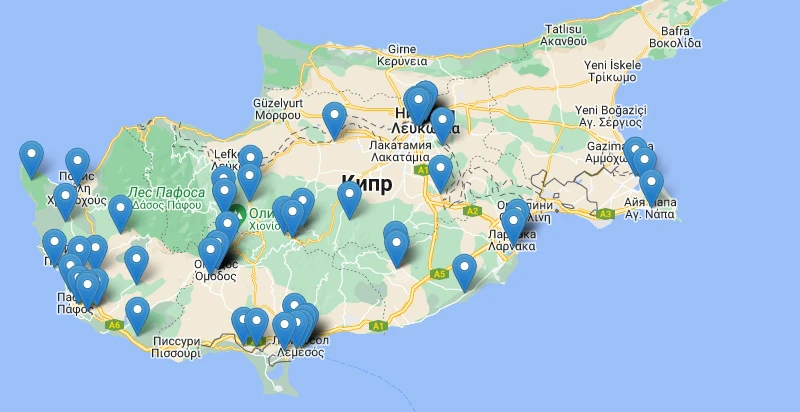 Map of museums participating in the Museum Pass program in Cyprus